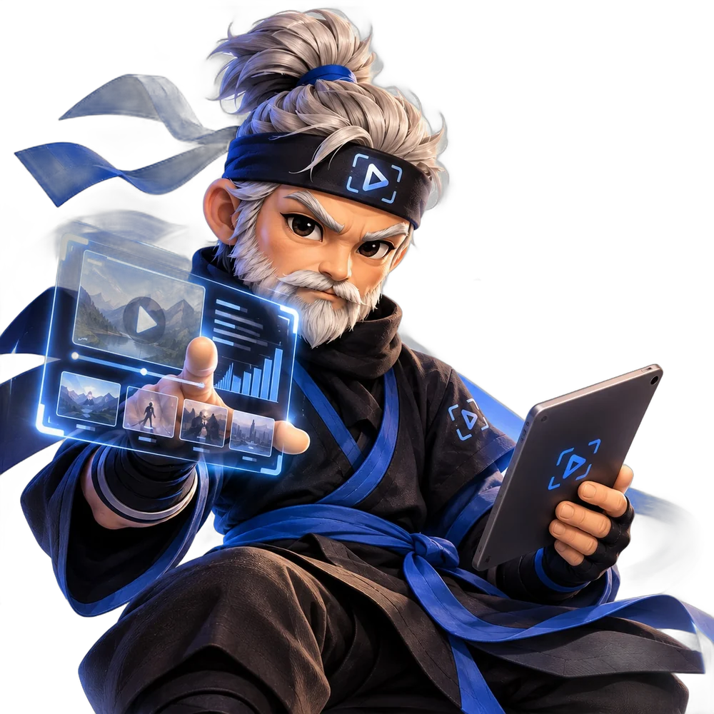 The VidSense AI sensei holding a glowing video screen and a tablet